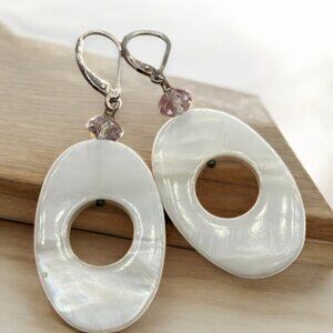 Large Open Crystal & Mother of Pearl Sterling Silver Dangle Earrings Statement